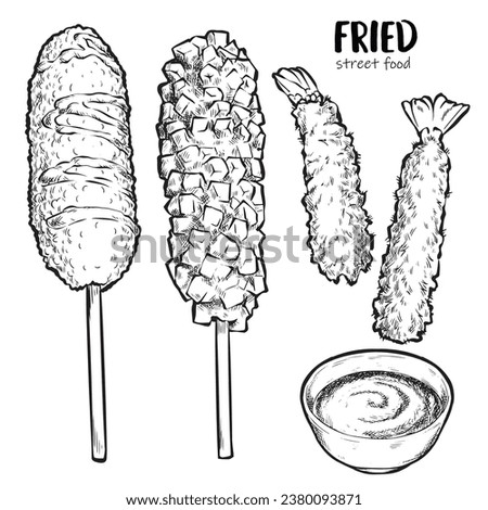 A traditional Korean street food is a fried corn dog with ketchup and mustard. Hand drawn cartoon style with sausage and cheese, fried in breadcrumbs. A set of illustrations for a booklet or menu.