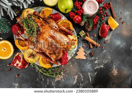 Roast duck stuffed with baked apples, festive christmas dish banner, menu, recipe place for text, top view.