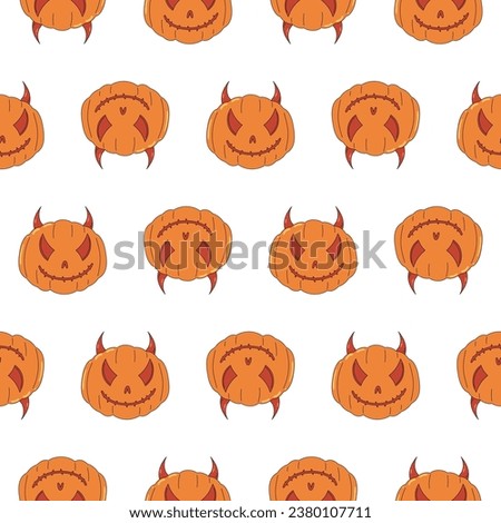 Groovy retro cartoon Halloween character. Evil pumpkin mascot. Spooky seamless pattern.
