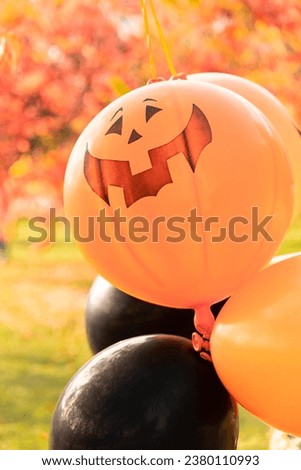 Halloween pumpkin balloons, orange and black in autumn park.