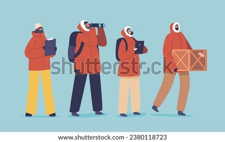 Polar Scientists With Wooden Box, Binoculars, Clipboard And Tablet. Characters Exploring Climate Change Impact Royalty-Free Stock Photo #2380118723