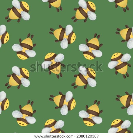 Simple cute cartoon bee background. Watercolor green seamless pattern with hand drawn flying bees. Summer repeated childish print with insect. Honey wallpaper concept for fabrics, nursery