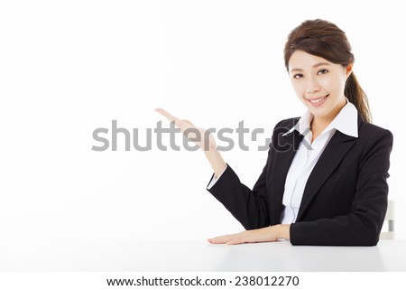 smiling business woman with  showing gesture