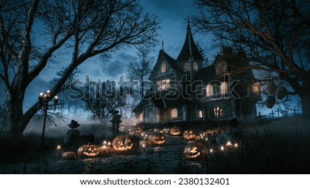 Spooky house on halloween night. Haunted house in night scary forest Royalty-Free Stock Photo #2380132401