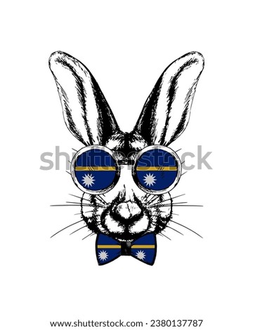 Easter bunny hand drawn portrait. Patriotic sublimation in colors of national flag on white background. Nauru