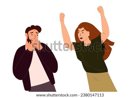 Despotic , tyrannous Woman beating Crying Scared Man.Cruel Punisment,toxic relationship.Psychopathic Woman and Victim Man in co-dependent relationship.Agressive Woman Shouting.Flat vector Illustration Royalty-Free Stock Photo #2380147113
