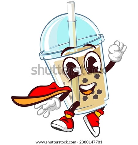 character mascot of a glass of boba ice with a funny face of a flying superhero in a cape, isolated cartoon vector illustration. emoticon, cute glass of iced boba mascot