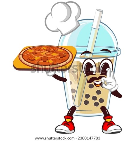 character mascot of a glass of iced boba with a funny mustached face wearing a chef hat serving pizza, isolated cartoon vector illustration. emoticon, cute glass of iced boba mascot