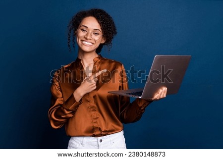 Photo of attractive woman instagram twitter facebook telegram dressed stylish brown silk formalwear isolated on dark blue color background