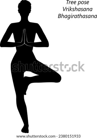 Silhouette of woman doing yoga Vrikshasana. Tree pose. Isolated vector illustration.