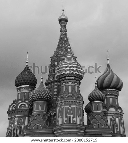 Saint Basil's Cathedral, is an Orthodox church in Red Square of Moscow, and is one of the most popular cultural symbols of Russia. The Cathedral of Vasily the Blessed. Black and white photo.