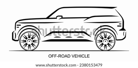 Off-road car silhouette isolated on white background. Side view of the Sport-utility vehicle. Line art design template. Vector illustration.