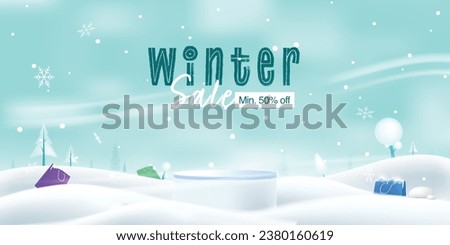 winter sale offer background temple podium in snow background with shopping bags around Royalty-Free Stock Photo #2380160619