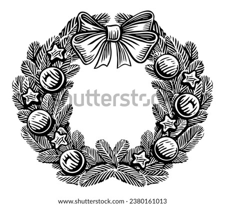 Christmas wreath of fir branches, decorated with a satin bow and decorative balls. Vintage sketch illustration