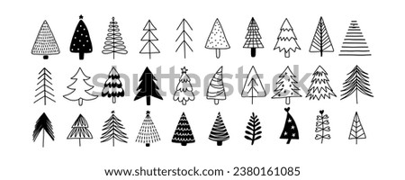 Christmas tree black and white symbols. Fir tree line drawing, vector icon. Holiday design elements are isolated on white. Simple shape conceptfor winter season cards, New Year party posters