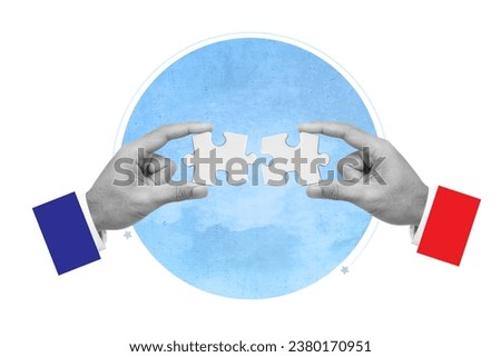 Business teamwork concept. Business solutions, success and strategy. Business people are merging two puzzle pieces. Modern art collage. Royalty-Free Stock Photo #2380170951