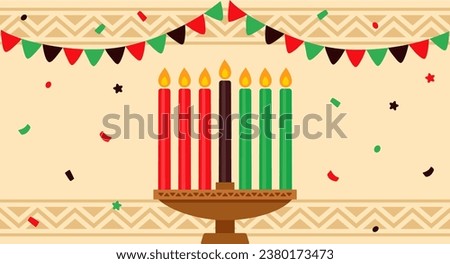 Happy Kwanzaa celebration banner with kinara and seven candles. Cartoon vector clip art illustration.