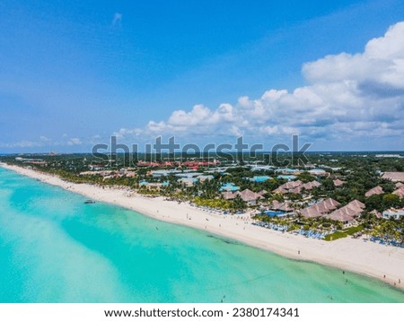 View from a flying drone of the luxury beach against the background of the beauty of the sea with coral reefs. Top view. Playa del Carmen, Mexico Royalty-Free Stock Photo #2380174341