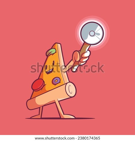 Pizza Slice character holding a pizza cutter vector illustration. Food, fast food, mascot, design concept.