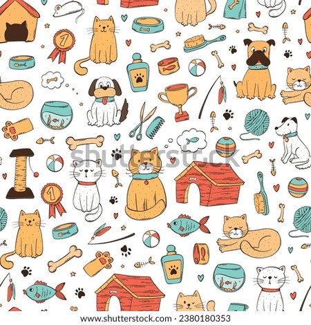 Pets seamless pattern with hand drawn elements. Pet shop clip art for wallpaper, wrapping paper, textile prints, scrapbooking, product design, etc. EPS 10