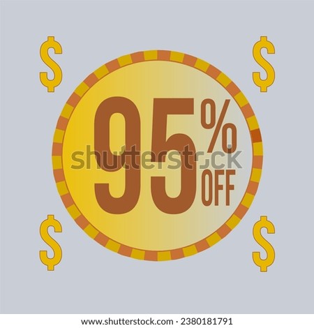 95 percent off blue banner with yellow coin for promotions and offers.