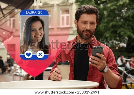 Man looking for partner via dating site outdoors. Profile photo of woman, information and icons