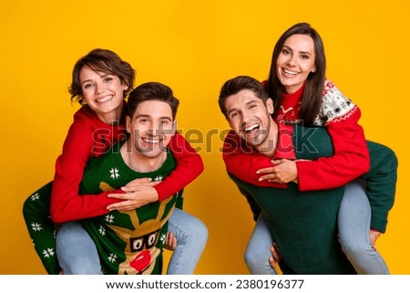 Photo of best friends company celebrate christmas x mas have fun piggyback isolated bright color background