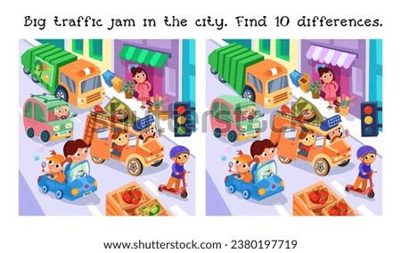 Cute cars and drivers in city. Find differences. Educational puzzle game for kids.  Cartoon funny characters. People and transport, traffic jam in town. Vector illustration for children.  Royalty-Free Stock Photo #2380197719