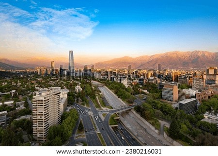 Panoramic view of Santiago de Chile with the Andes mountain range in the back Royalty-Free Stock Photo #2380216031