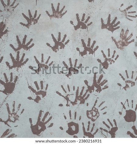 A picture of hand palm or high five painted on a house wall in ratio 1:1, brown color_pattern