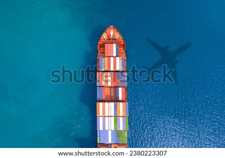 high angle view of the shipping system transport containers by cargo ships, international transport, export-import business, logistics Royalty-Free Stock Photo #2380223307