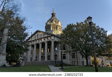 broome county courthouse building in binghamton, ny (historic landmark built in 1897 with copper dome and clock tower) downtown court street (southern tier, new york state) Royalty-Free Stock Photo #2380232725