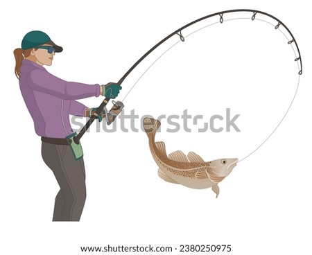 angling fishing, fisher-woman catching fish using fishing pole and lure, isolated on a white background