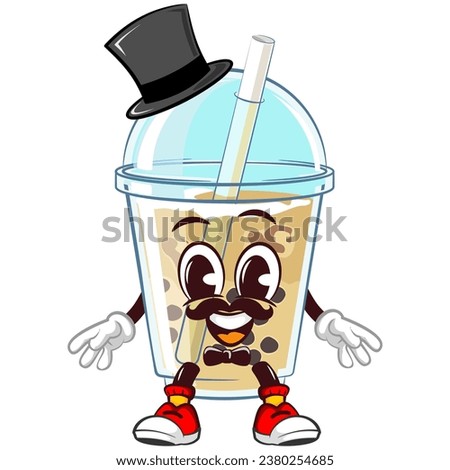 mascot character of a glass of iced boba with a funny face with a mustache wearing a vintage hat and bow tie. emoticon, cute glass of iced boba mascot