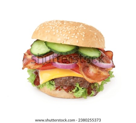 Tasty burger with bacon, vegetables and patty isolated on white