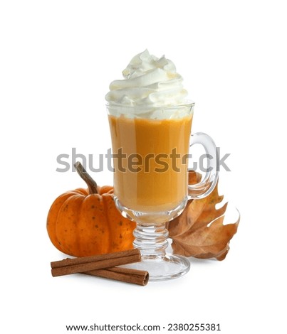 Cup of pumpkin spice latte with whipped cream, squash, cinnamon sticks and dry leaf isolated on white