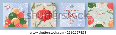 Merry Christmas and Happy New Year greeting card Set. Modern Xmas art doodle design with typography, beautiful Christmas tree and balls, snowflakes pattern. Minimal sale banner, poster, cover template Royalty-Free Stock Photo #2380257853