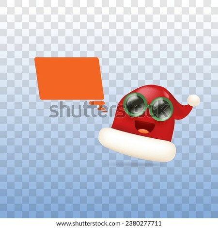 Vector cartoon monster Santa Claus red hat character with sunglasses and speech bubble isolated on transparent background. Merry Christmas greeting card, poster and banner with funny Santa Claus hat