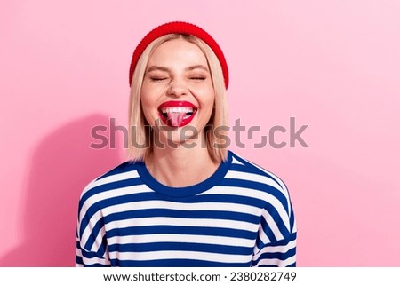 Closeup photo of foolish joke young funny girl protrude tongue comic having fun good mood atmosphere isolated on pink color background