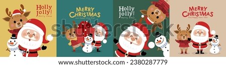 Merry Christmas and happy new year with Santa Claus, snowman and deer. Holiday cartoon character in winter season. -Vector