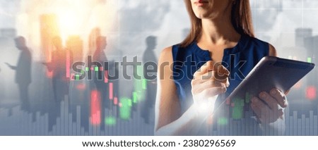 Woman investor. Financial background with fall charts. Cropped businesswoman with tablet. Lady financial analyst. Business woman near silhouettes people. Investment fall chart. Economic instability