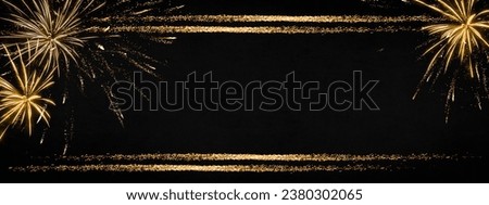 HAPPY NEW YEAR 2024 - Festive New Year's Eve Sylvester Party background greeting card template banner panorama - Gold frame, fireworks pyrotechnics firework on dark black night sky texture