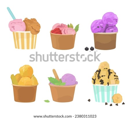 Vector ice cream balls in paper cup. Cartoon sweet cold summer dessert illustration Set.