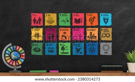 Sustainable Development global goals icon sketch on Blackboard of a school class room.  wooden frame black board. Corporate social responsibility. Corporate social responsibility.  Royalty-Free Stock Photo #2380314273