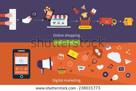 Set of flat design vector illustration concepts of online shopping, mobile marketing and digital marketing. Royalty-Free Stock Photo #238031773