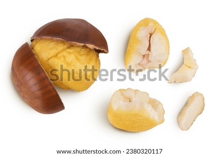 roasted peeled chestnut isolated on white background wit full depth of field. Top view. Flat lay Royalty-Free Stock Photo #2380320117