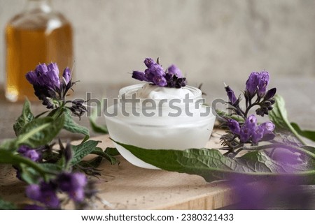 Comfrey root ointment with fresh blooming plant, with a bottle of tincture in the background Royalty-Free Stock Photo #2380321433