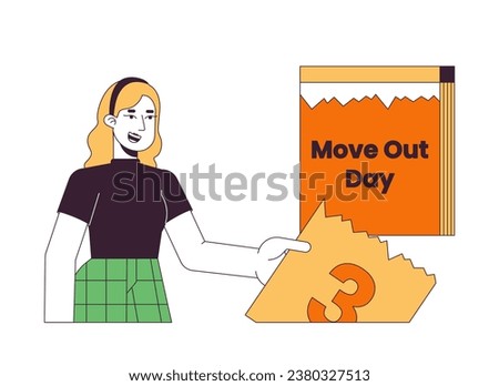 Calendar woman on moving out day 2D linear cartoon character. Caucasian girl ready to relocation isolated line vector person white background. Moving house countdown color flat spot illustration