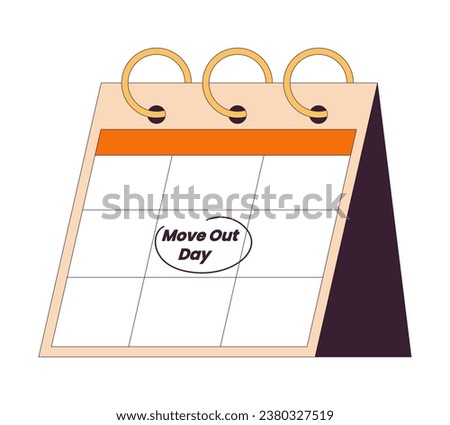 Moving out day on calendar page flip 2D linear cartoon object. Deadline reminder circling calender isolated line vector element white background. Relocation moving house color flat spot illustration