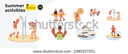 Summer beach activities cartoon flat illustration bundle. Summertime diverse people 2D characters isolated on white background. Volleyball players, watersport leisure vector color image collection